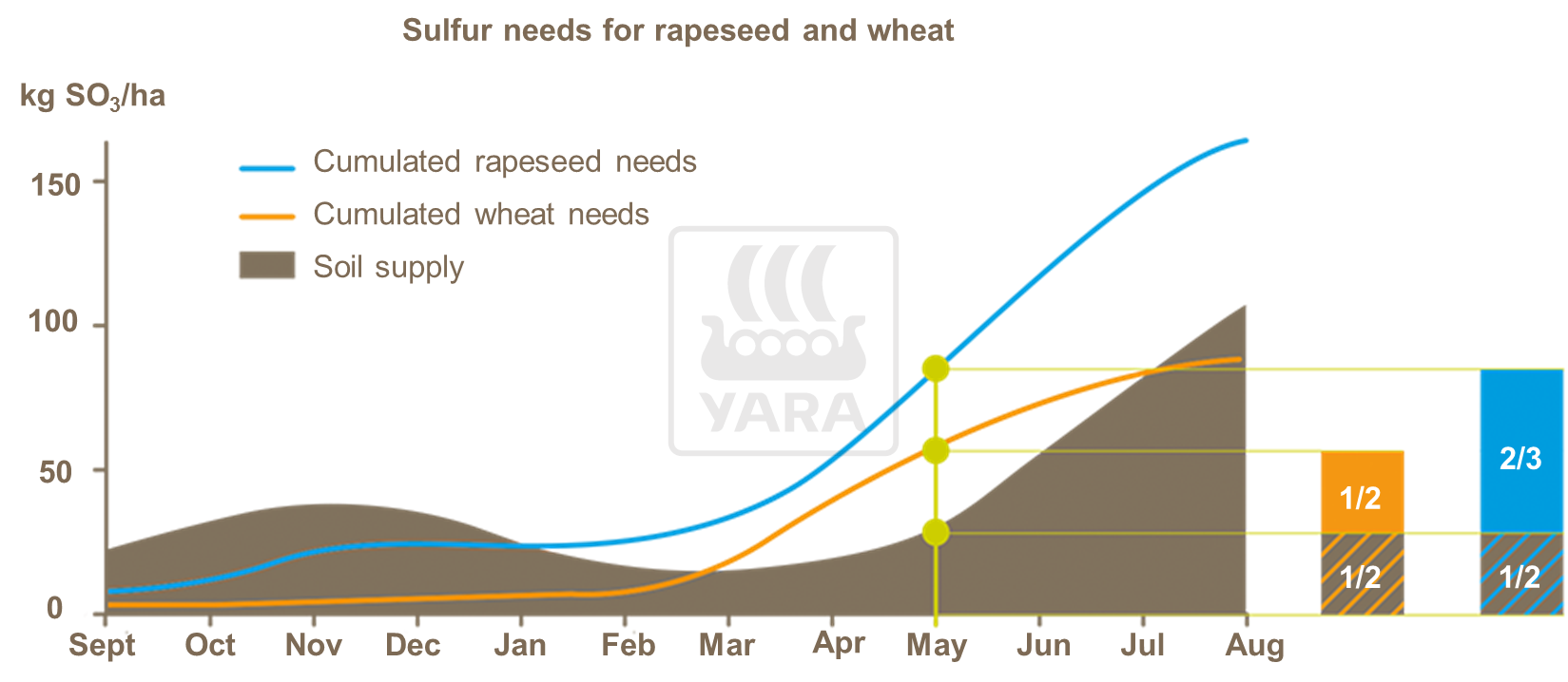 During the growing season, sulfur needs for rapeseed and wheat exceed by far the S supplied by soil. In May, typically half of sulfur needs are missing for wheat and even two thirds for rapeseed.